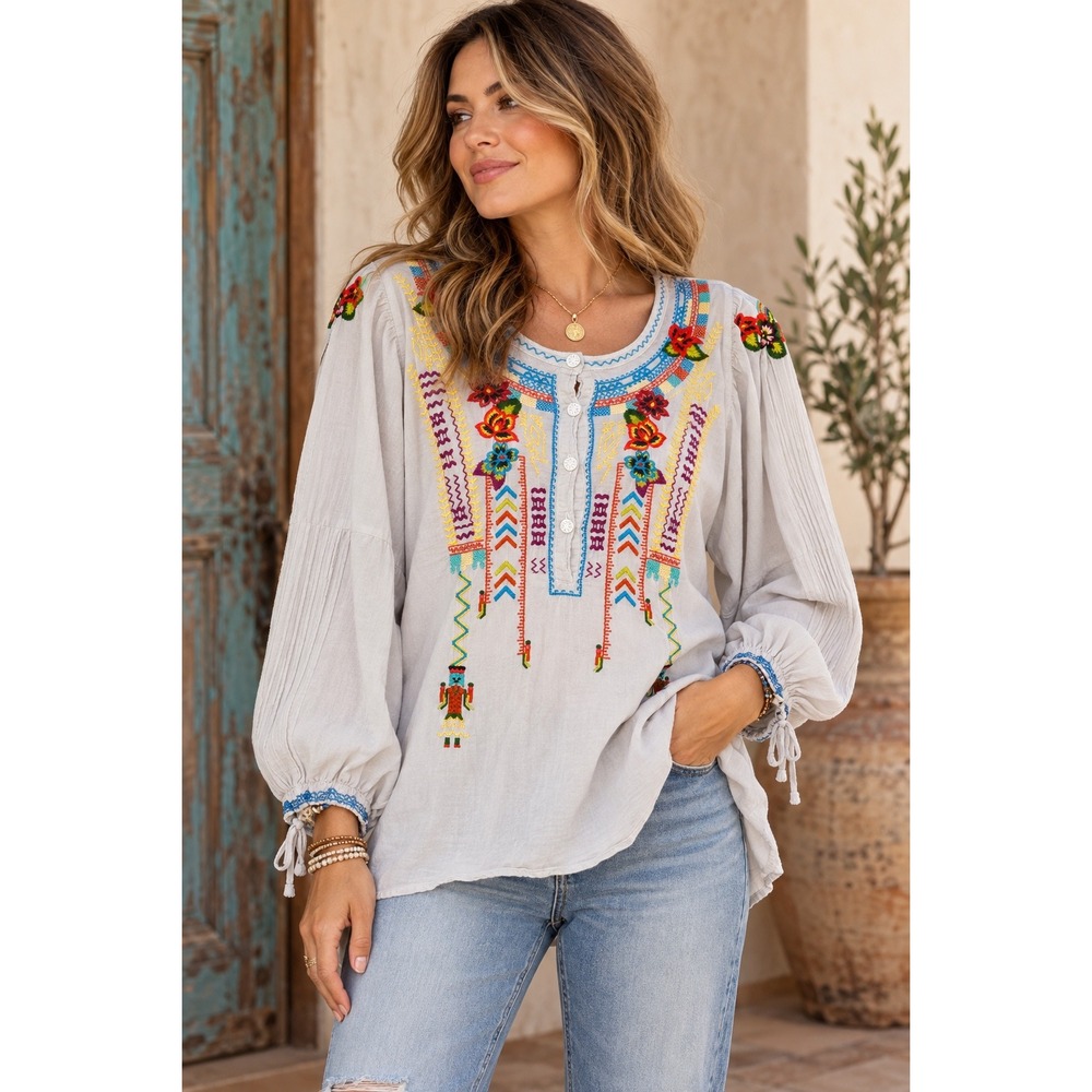 Johnny Was Biya Embroidered Boho Cotton Top Gray XL Floral Folk Festival Blouse